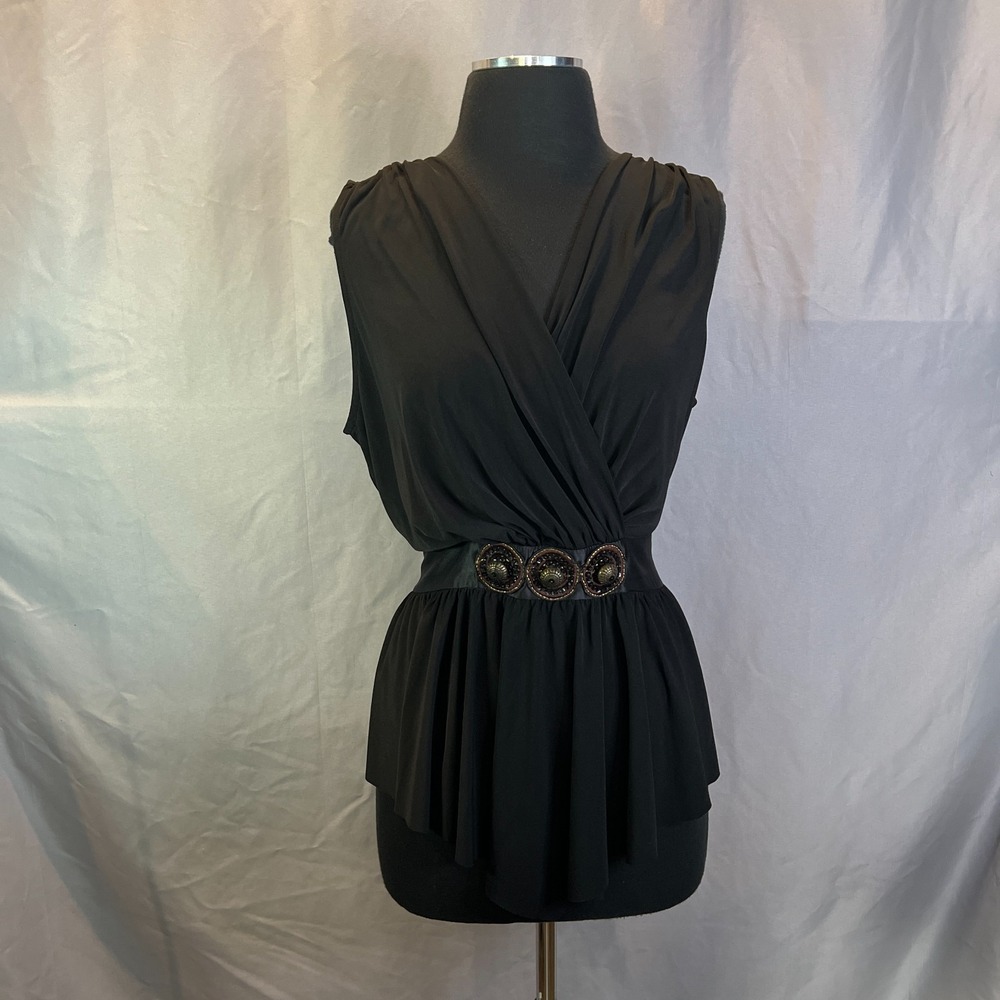 Allen B. Allen Schwartz Sleeveless Blouse Womens XL Black Cinched Waist V Neck